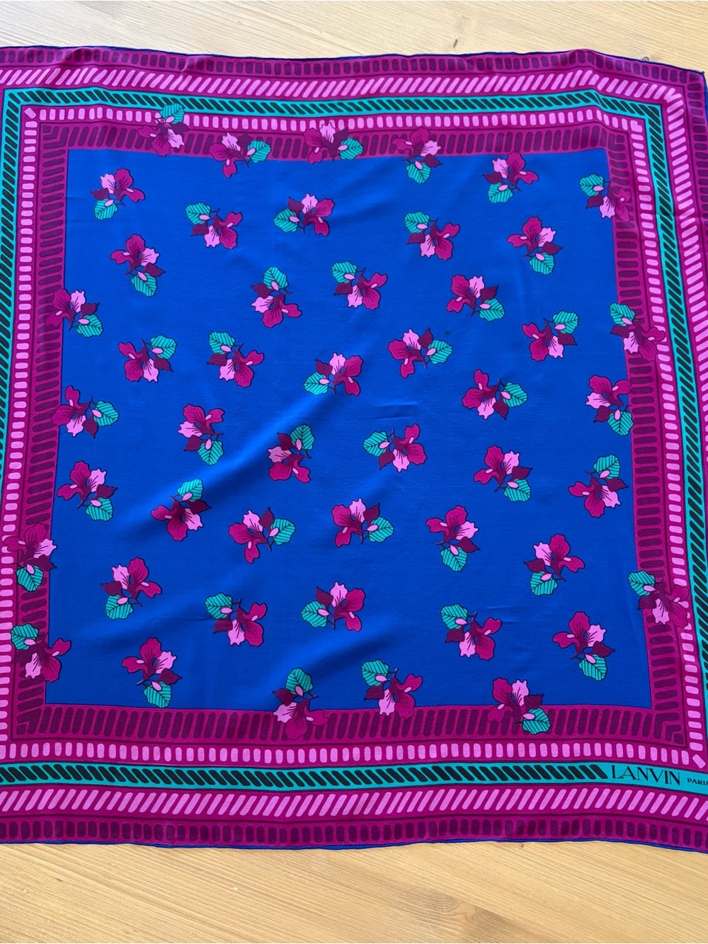Authentic Vintage Lanvin Paris Silk Scarf Floral Orchid Blue